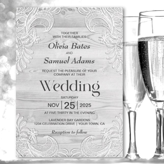 White Lace Wood Wedding Invitation (Creator Uploaded)