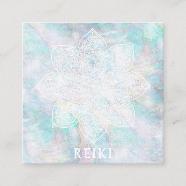 *~* White Lacey Mandala Blue Pink Yellow Pastel Square Business Card (Front)
