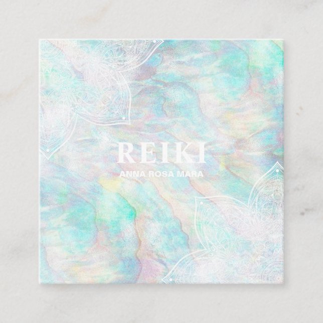 *~* White Lacey Mandala Pastel Pink Yellow Blue Square Business Card (Front)