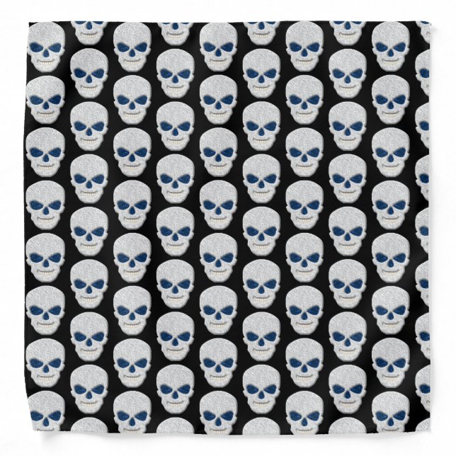 White Lacey Skull With Blue Glitter Eyes Bandana (Front)