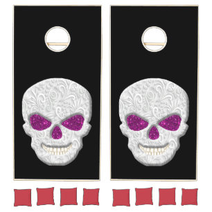 White Lacey Skull With Pink Glitter Eyes Cornhole Set