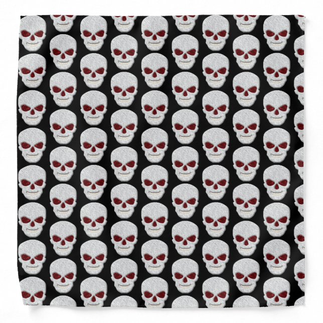 White Lacey Skull With Red Glitter Eyes Bandana (Front)