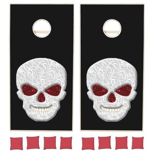 White Lacey Skull With Red Glitter Eyes Cornhole Set