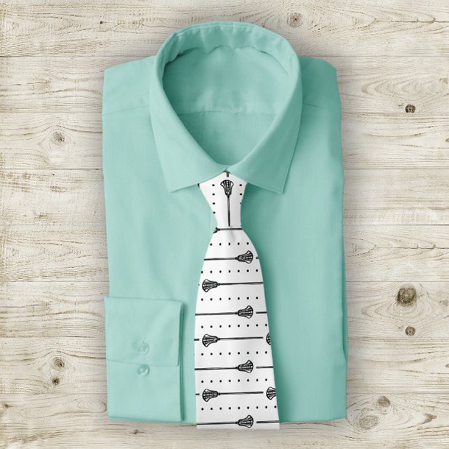 White Lacrosse Black Sticks & Dotted Lines Pattern Neck Tie (Creator Uploaded)