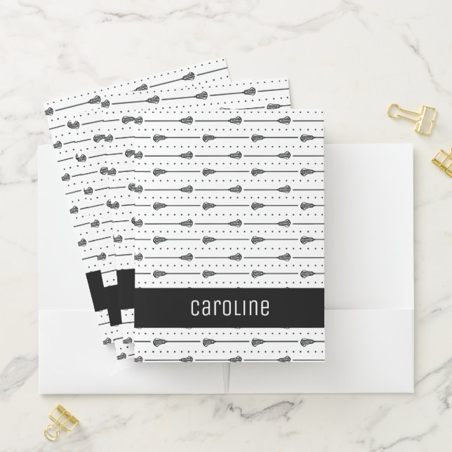 White Lacrosse Black Sticks & Dotted Lines Pattern Pocket Folder (In Situ)