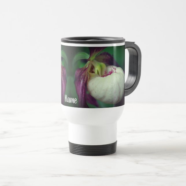 White Lady Slipper Flower Personalized  Travel Mug (Front Right)