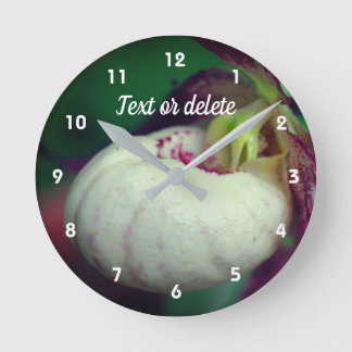 White Lady Slipper Orchid Flower Personalized Round Clock