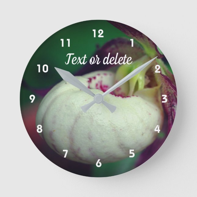 White Lady Slipper Orchid Flower Personalized Round Clock (Front)
