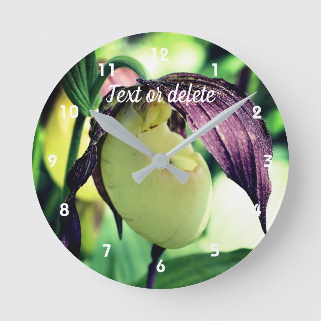 White Lady Slipper Orchid Flower Personalized Round Clock (Front)