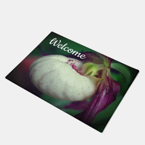 White Lady Slipper Orchid Flower Welcome Doormat