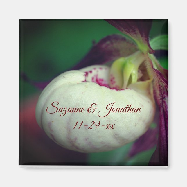 White Lady Slipper Orchid Personalized Wedding  Magnet (Front)