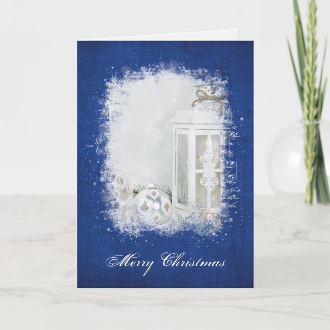 White Lantern Candle On Blue with Ornament Card (Front)