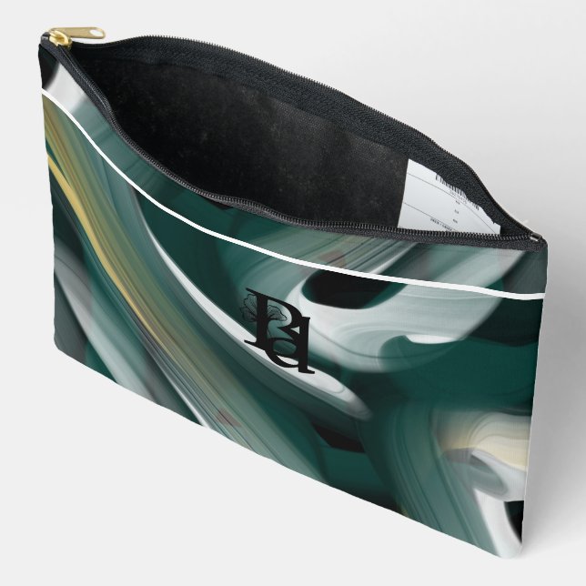 White Large Accessory Pouch Trend Abstract Green  (Open)