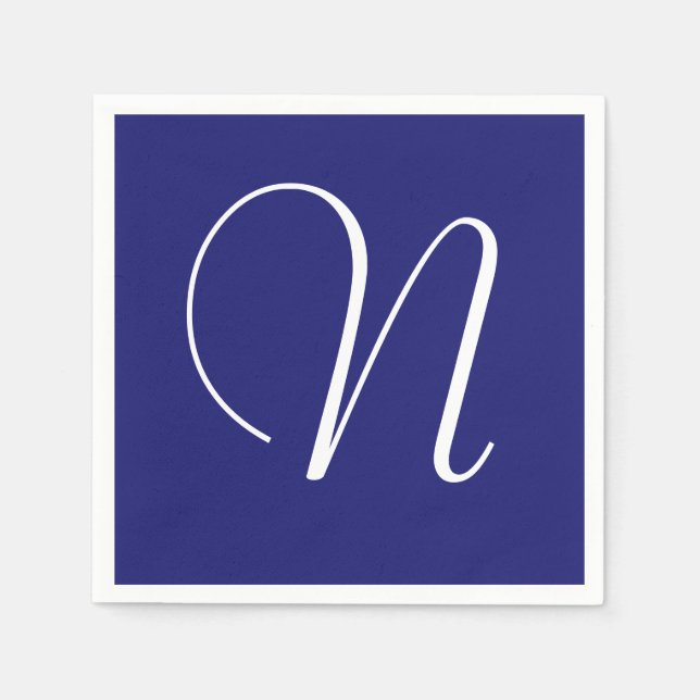 White Large Elegant Monogram | Midnight Blue Napkins (Front)