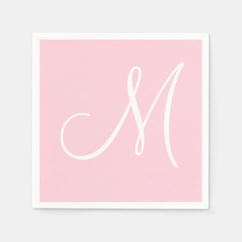 White Large Elegant Monogram  Pastel Pink Napkins