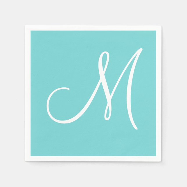 White Large Elegant Monogram | Pastel Teal Napkins (Front)