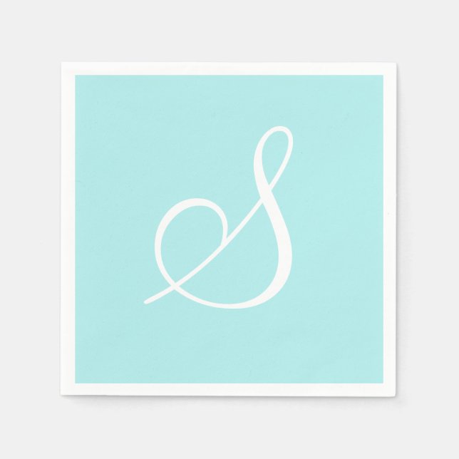 White Large Elegant Monogram | Pastel Turquoise Napkins (Front)
