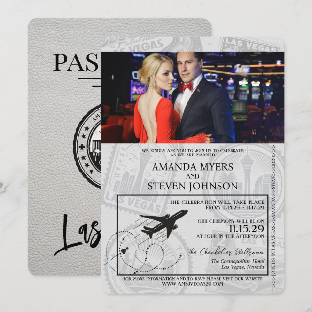 White Las Vegas Passport Wedding Invitation (Front/Back)
