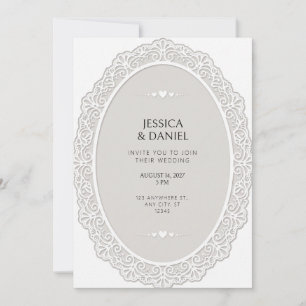 White Laser Cut Lace Grey Oval Medallion Frame Invitation