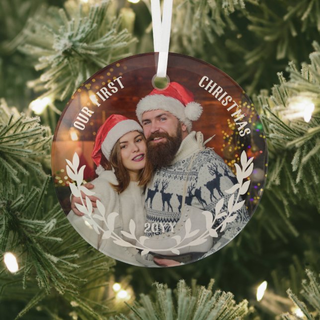 White Laurel Half Wreath Our 1st Christmas Photo Glass Ornament (Insitu)