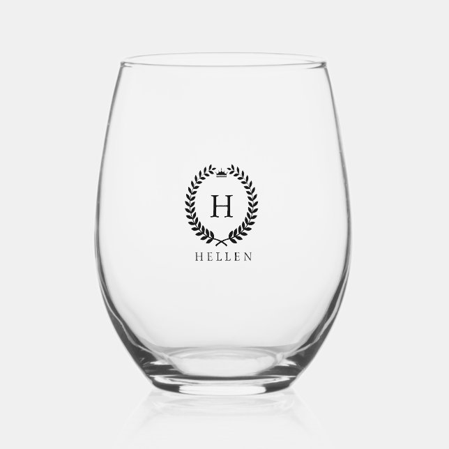 White Laurel Wreath Custom Name Stemless Wine Stemless Wine Glass (Front)