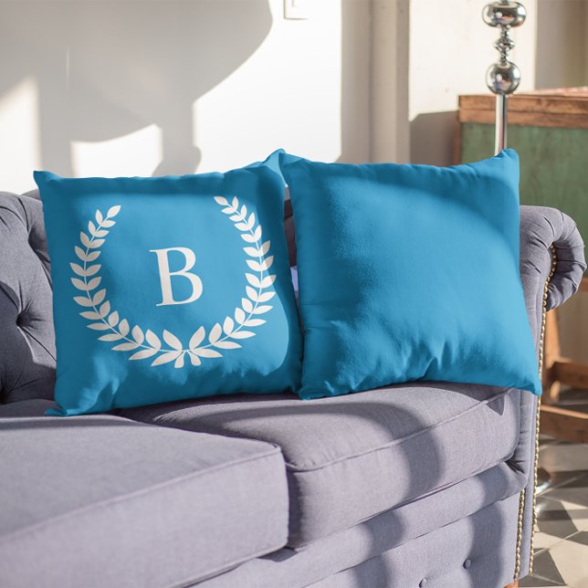 White Laurel Wreath Modern Monogram Throw Pillow (White Laurel Wreath Modern Monogram Outdoor Pillow)