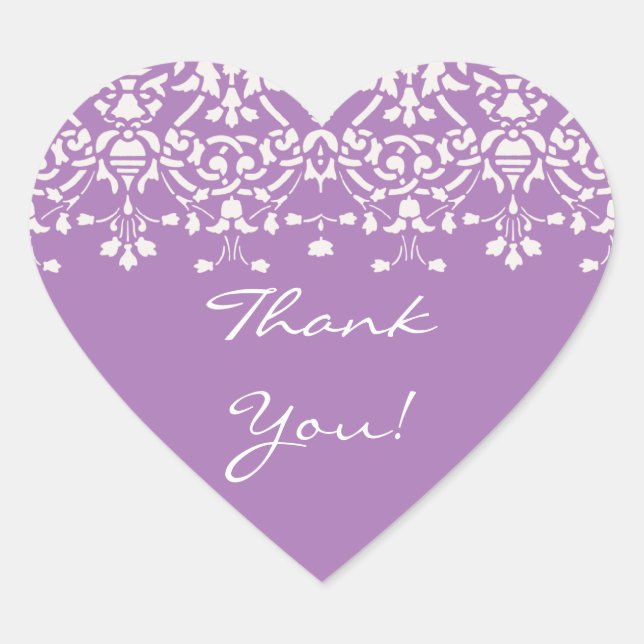 White & Lavender Damask Thank You Sticker (Front)