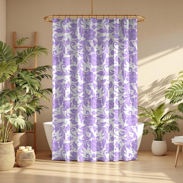 White & Lavender Glittery Damasks Pattern Shower Curtain (Creator Uploaded)