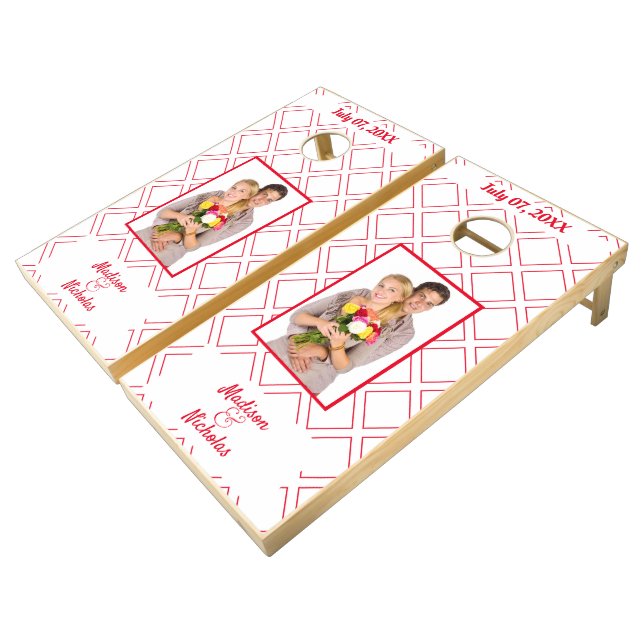 White Lawn Wedding Game Photo Red Pattern Cornhole (Angled)