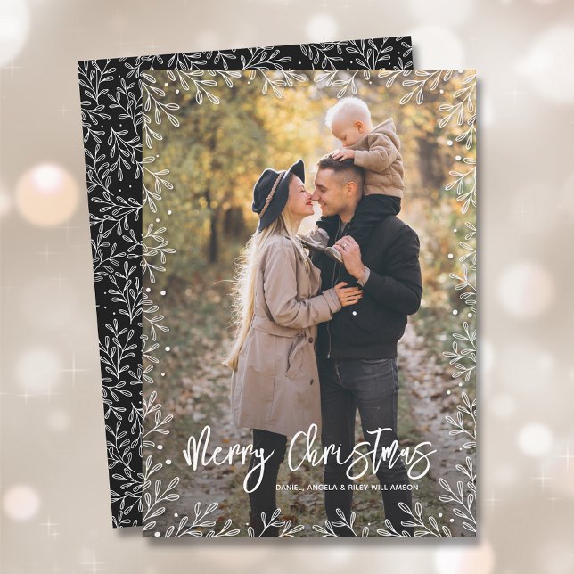 White Leaf Border Christmas Photo Black Holiday Card (Creator Uploaded)