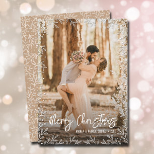 White Leaf Border Christmas Photo Holiday Card