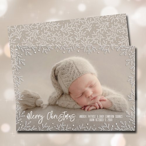 White Leaf Border Christmas Photo Holiday Card