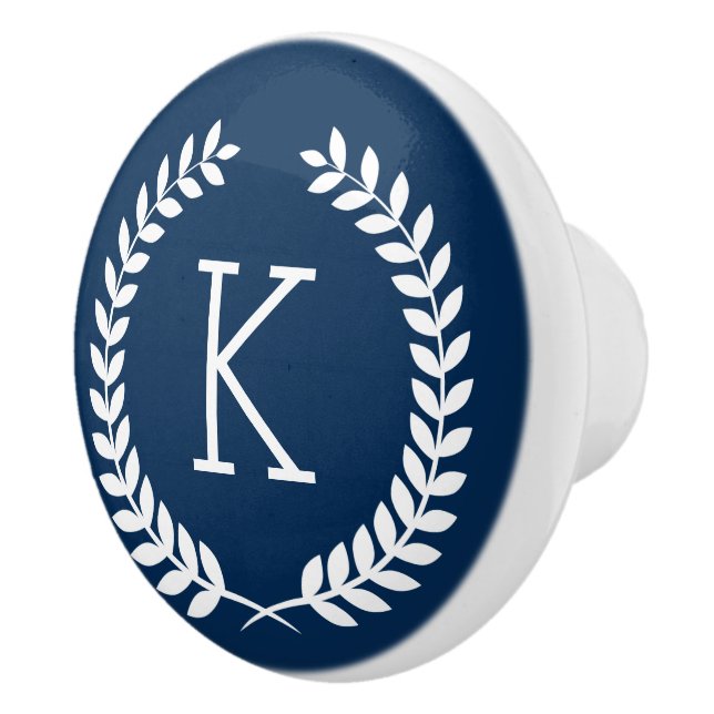 White Leafs Wreath Illustration On Navy-Blue Ceramic Knob (Right)