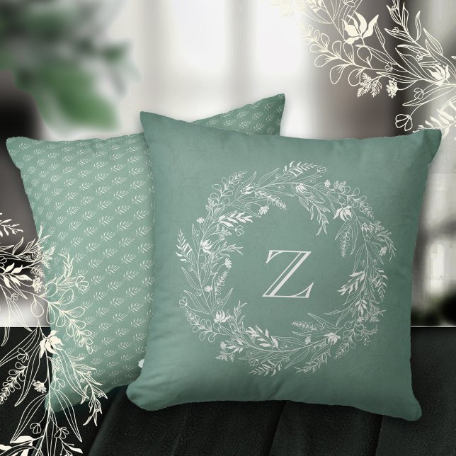 White leafy botanical circle letter Z Throw Pillow (Creator Uploaded)