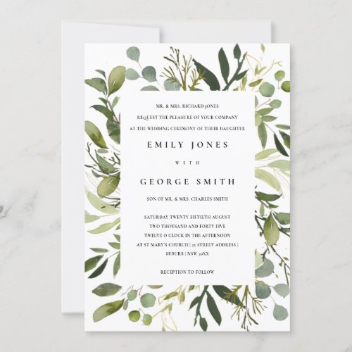 WHITE LEAFY FRAME GREEN FOLIAGE WATERCOLOR WEDDING INVITATION