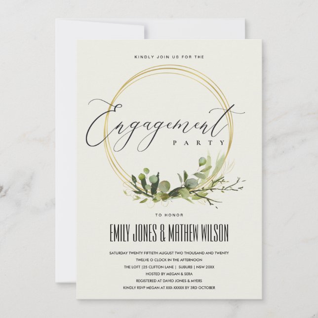 WHITE LEAFY GREEN FOLIAGE WATERCOLOR ENGAGEMENT INVITATION (Front)