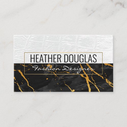 White Leather  Black Marble Gold Texture Business Card