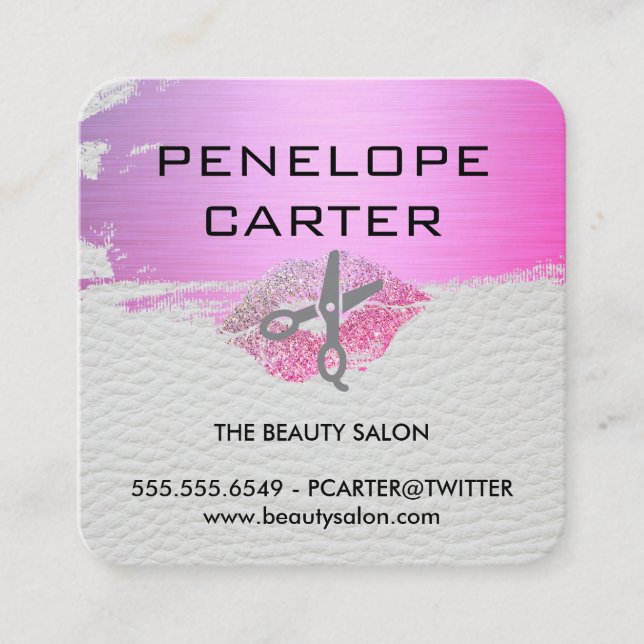 White Leather Glamour Kiss Salon Stylist Square Business Card (Front)