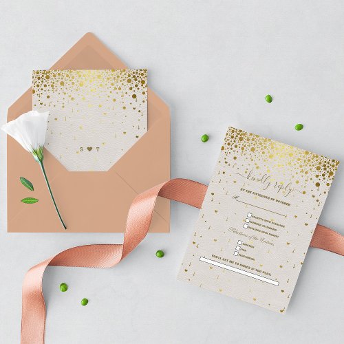 White Leather Gold Confetti Song Request Wedding  RSVP Card
