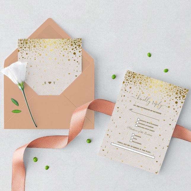 White Leather Gold Confetti Song Request Wedding  RSVP Card (wedding rsvp, white leather gold confetti wedding, trendy elegant modern wedding rsvp)