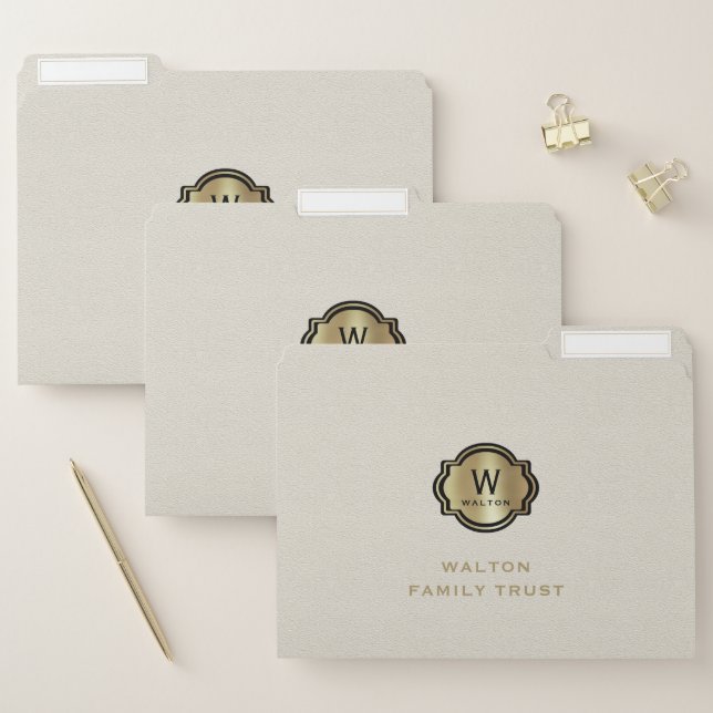 White Leather Look Elegant Gold Monogram File Folder (Set)