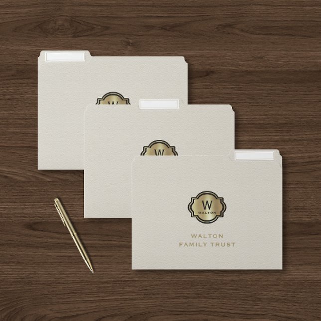 White Leather Look Elegant Gold Monogram File Folder (Creator Uploaded)