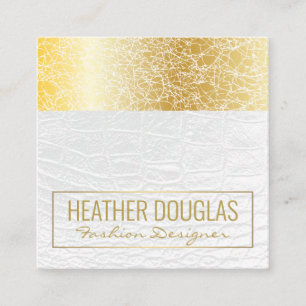 White Leather Luxury Gold Texture Square Business Card