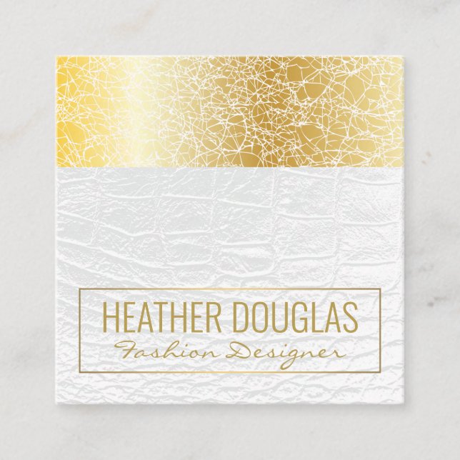 White Leather | Luxury Gold Texture Square Business Card (Front)