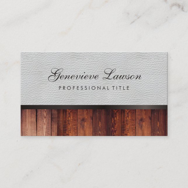 White Leather Rustic Wood and Elegant Text Business Card (Front)