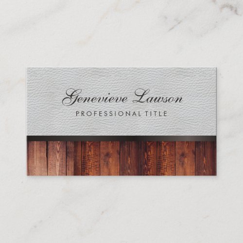White Leather Rustic Wood and Elegant Text Business Card