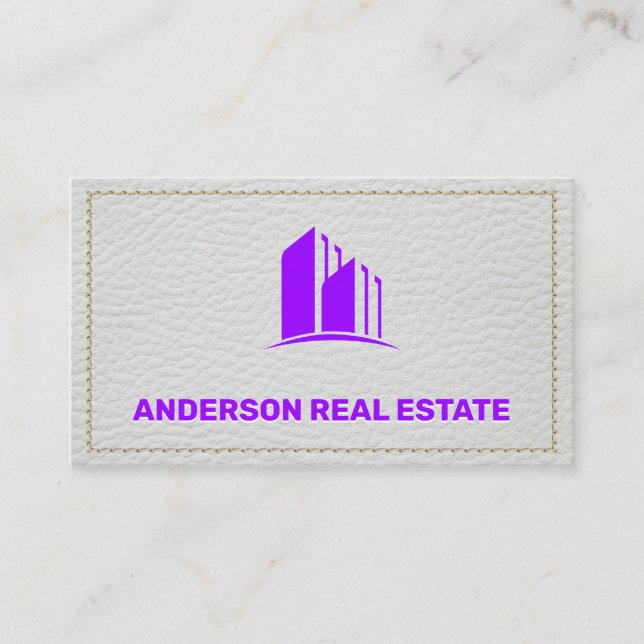 White Leather Stitched Seems | Building Icon Business Card (Front)