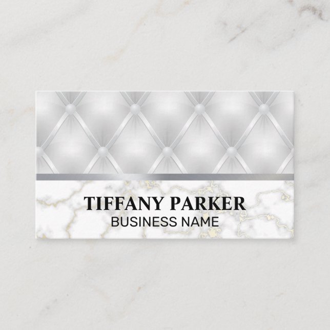 White Leather Upholster | Marble Metallic Trim Business Card (Front)