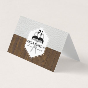 White Leather Wood Variation Barber Monogram Business Card