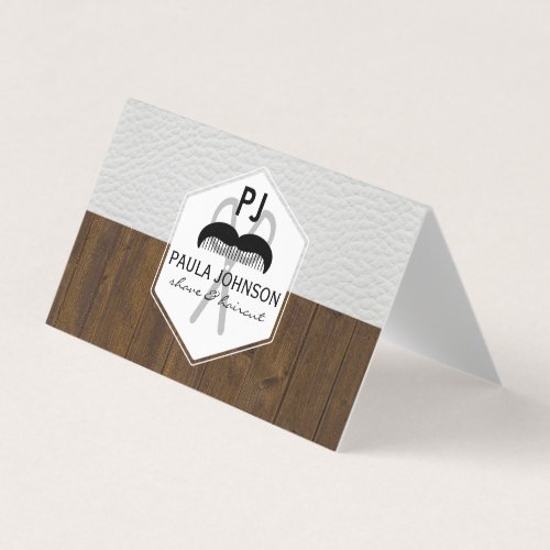 White Leather Wood Variation Barber Monogram Business Card